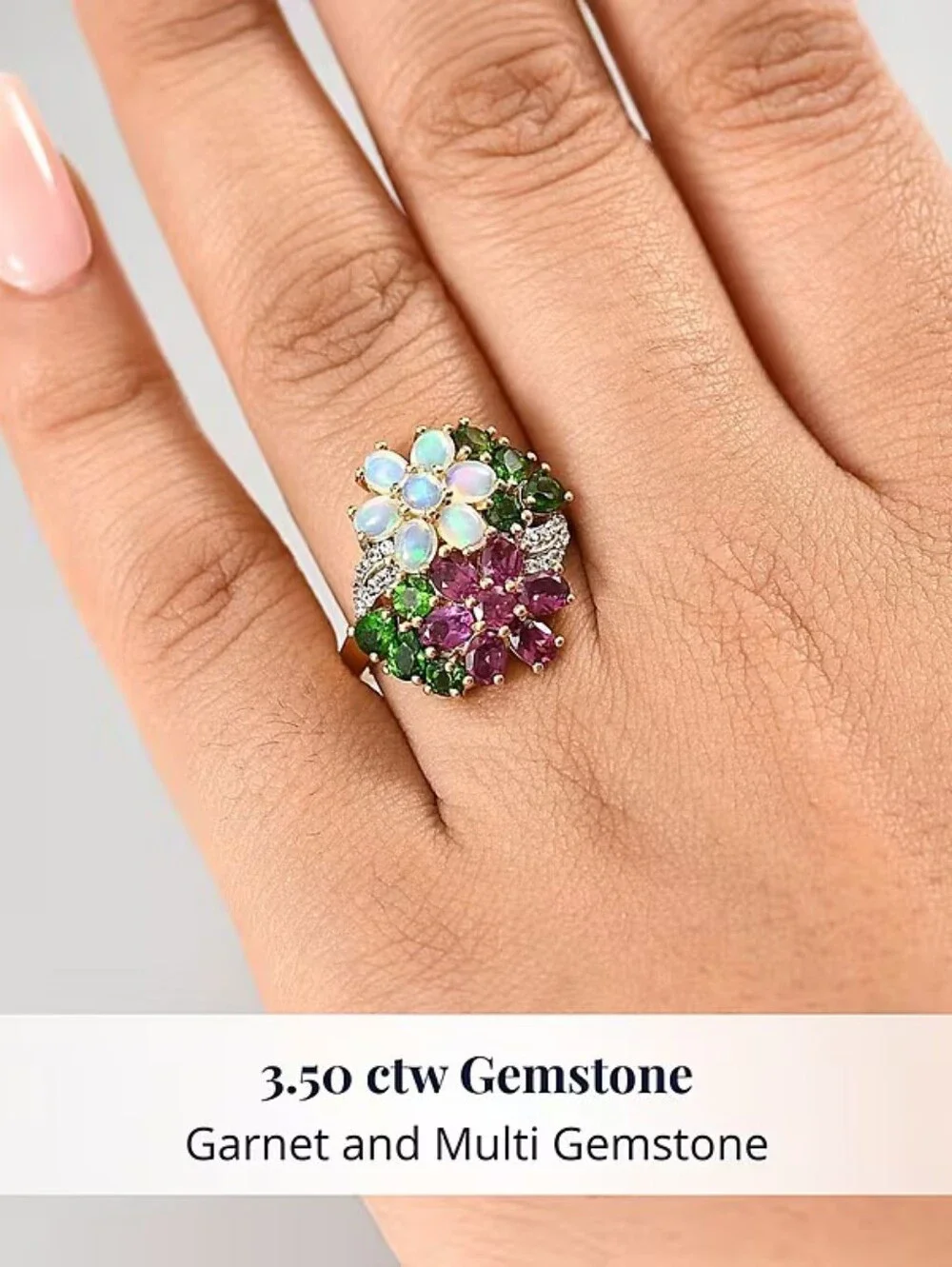 Beautiful Welo Opal, Rhodolite Garnet, Chrome Diopside Floral Ring